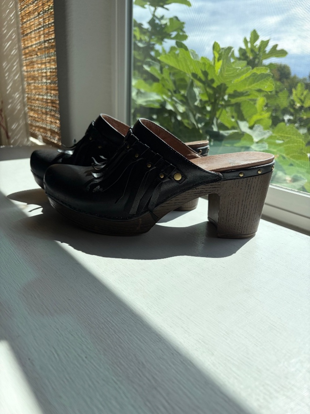 Dansko Deni Clogs Size 42 Black Leather Fringe Studded Boho Mules